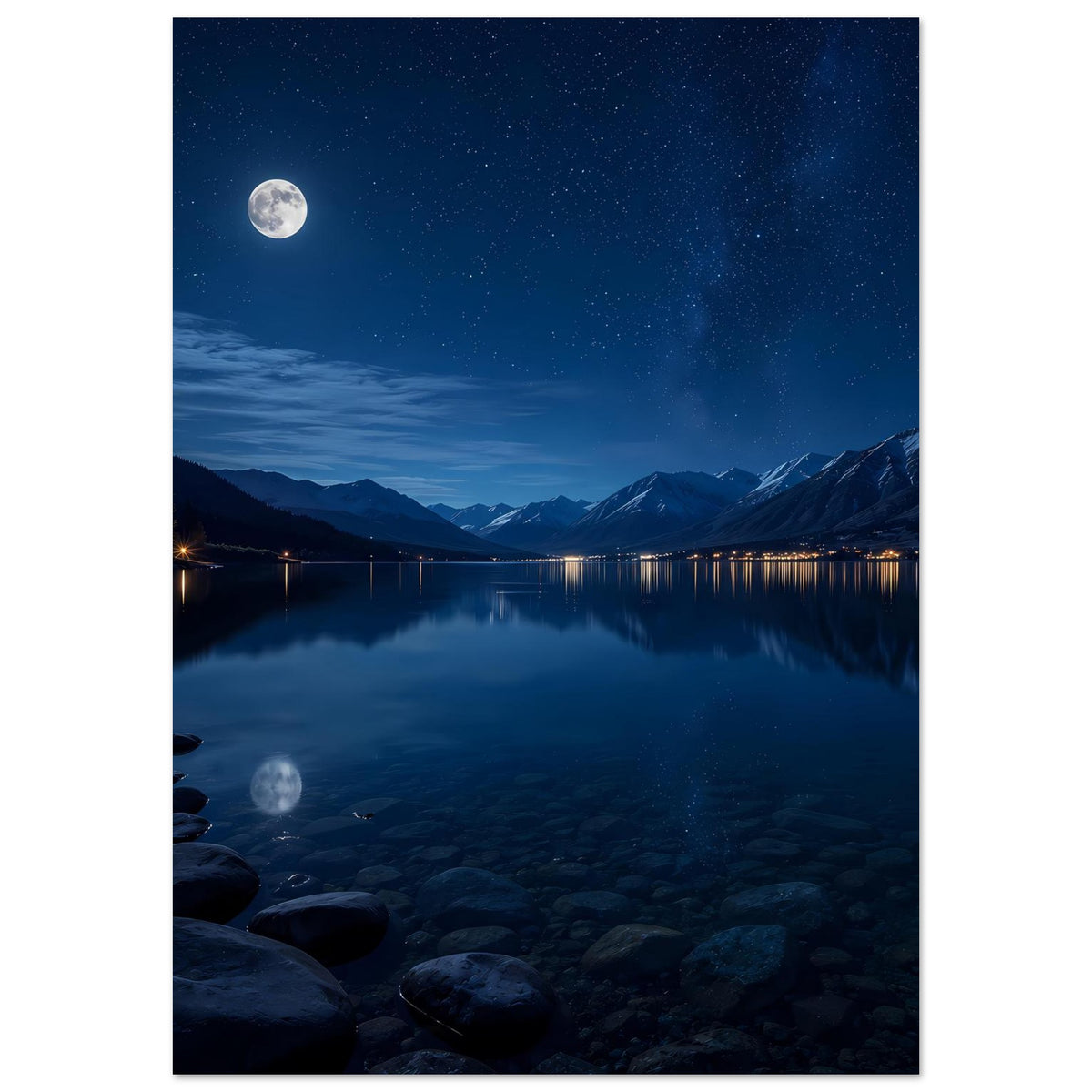 Poster mit Mond am Nachthimmel, Bergsilhouette und spiegelndem See mit Steinufer