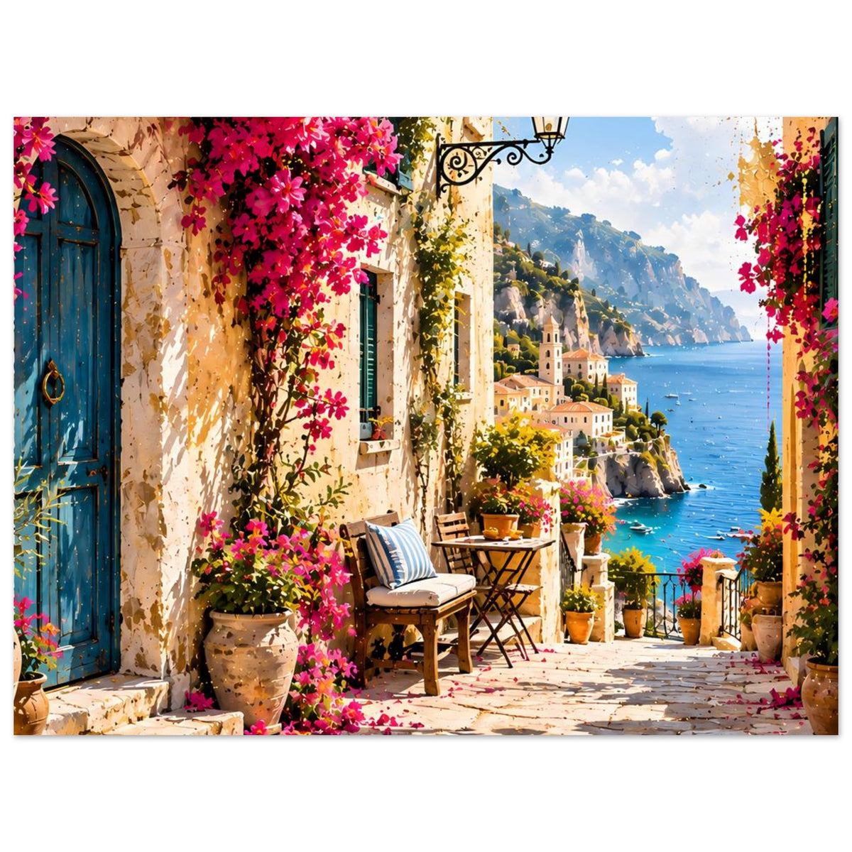 Posterdruck: mediterrane Gasse mit blauer Tür, pinken Blüten, Laterne und Meer im Hintergrund