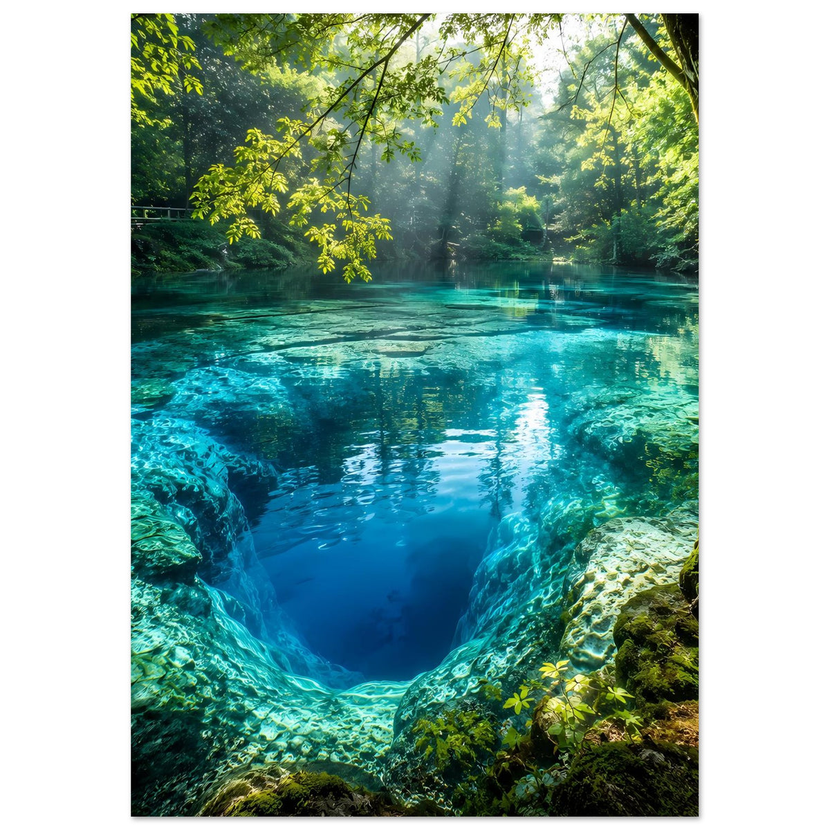 Wandposter mit tiefblauem Wasserloch im Wald, grüner Vegetation und türkisfarbenem Licht