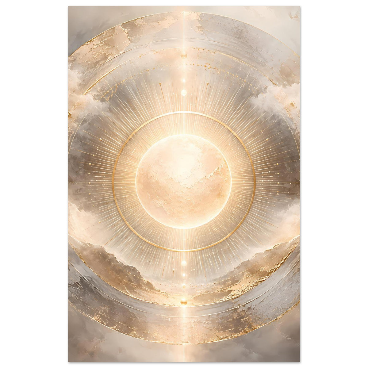Kosmos-Poster mit zentraler Sonnen-Scheibe und goldenen Ringen, Ausschnitt nah