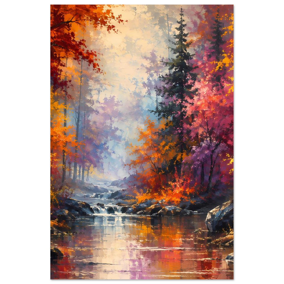 Poster im Hochformat: Herbstwald mit Fluss und Spiegelungen in Orange-, Rot- und Violetttönen.