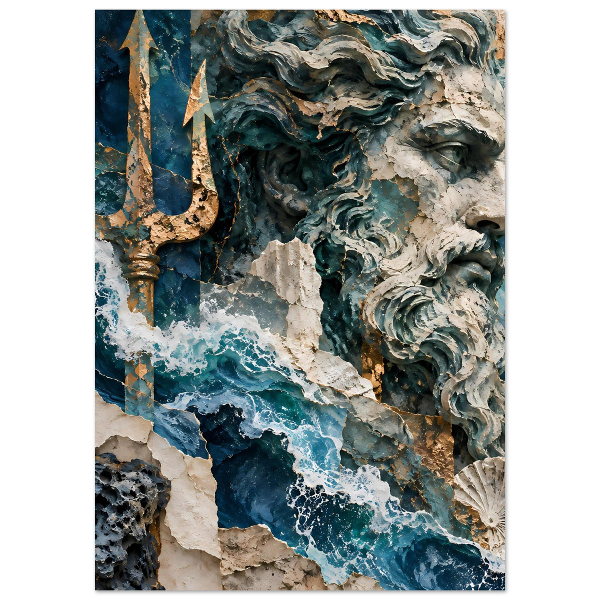 Mythologie-Poster mit Neptun und Meeresschaum, Felswänden und goldener Säule im Bild