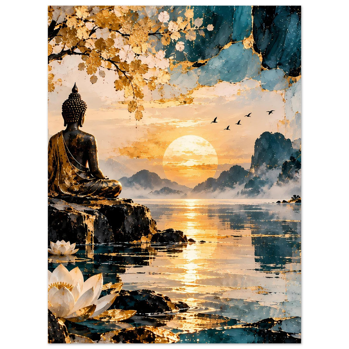Poster: sitzender Buddha mit gold-blauem Sonnenuntergang, Lotusblüten und Vögeln