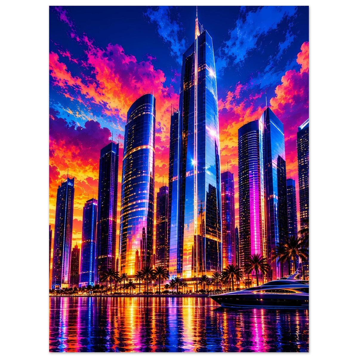 Stadt-Skyline-Poster: beleuchtete Wolkenkratzer im Abendhimmel, Reflexionen im Wasser, Boot