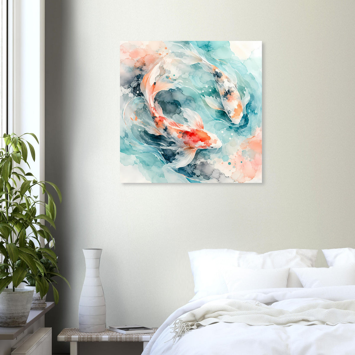 Koi-Fische Poster mit Aquarellwirbeln, türkis-blaue Flächen und orangefarbene Linien