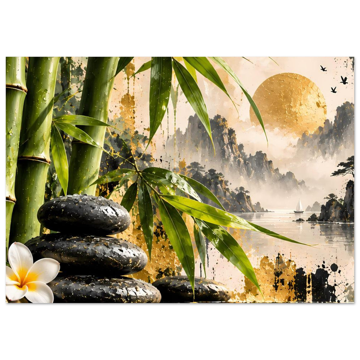 Zen-Poster mit Bambus und goldener Sonne, schwarzen Steinen und weißer Blüte am Rand