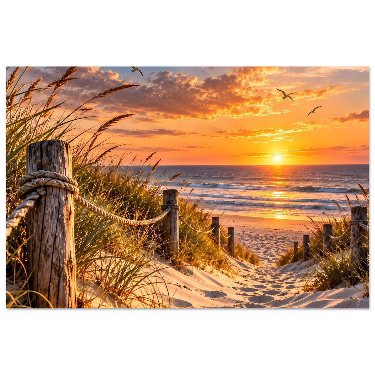 Strandposter mit Abendhimmel: Dünen-Sand, karges Gras, Holzpfähle und Möwen über dem Wasser