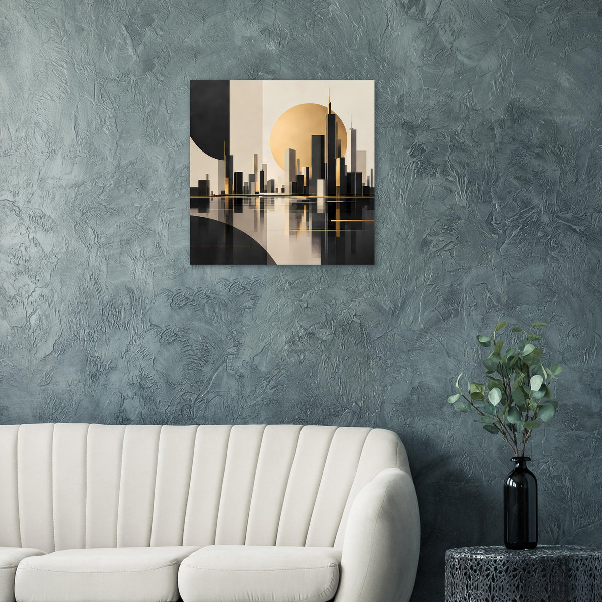 Abstraktes Stadtlandschaft-Poster in Gold, Schwarz und Beige, quadratisch
