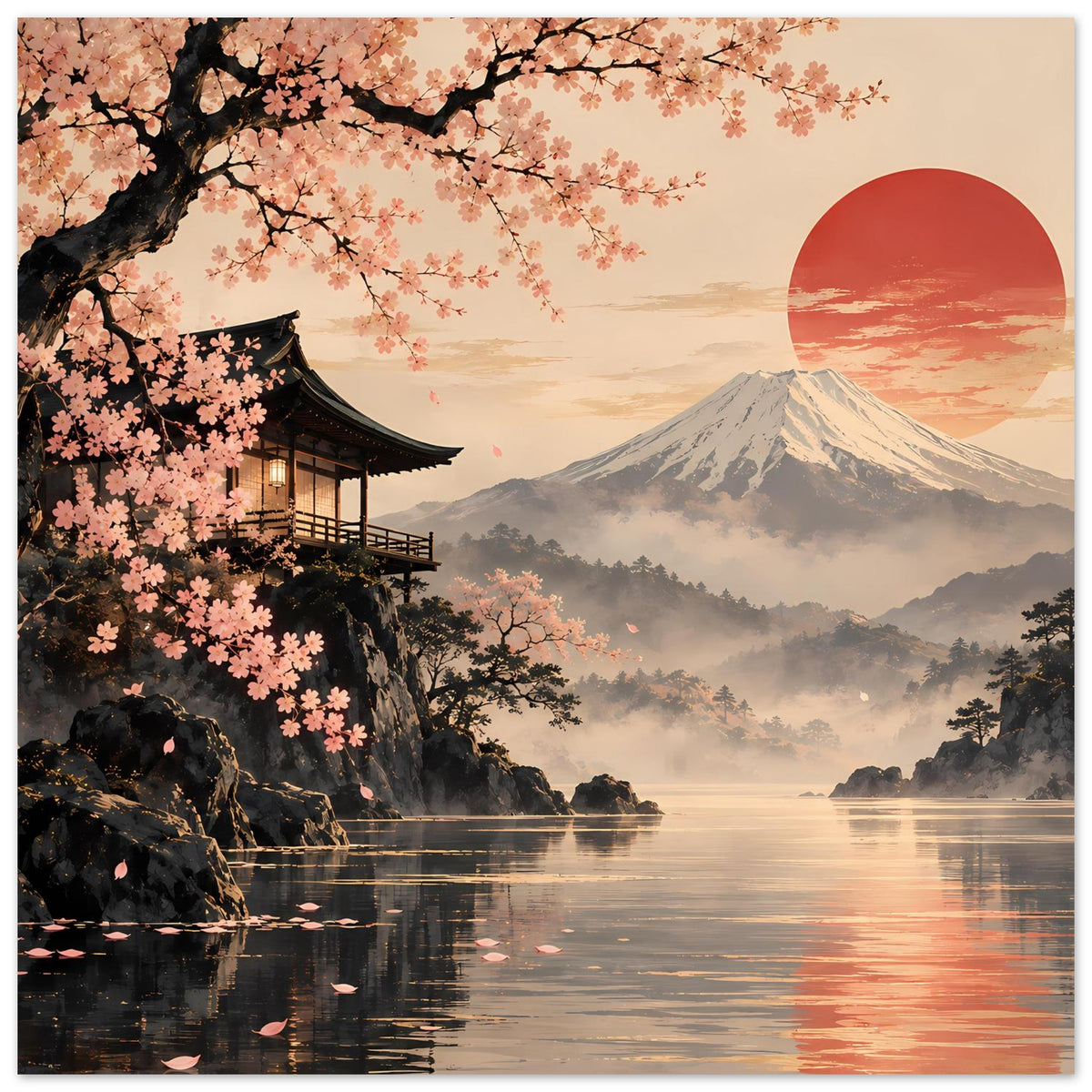 Vertikales Poster: Kirschblütenzweig, Tempelpavillon, Berg Fuji, rote Sonne und Spiegelung im See