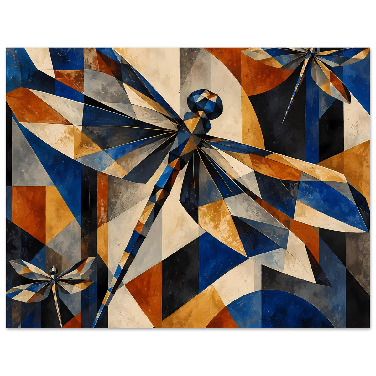 Kunstposter mit geometrischen Libellenformen, blauen und kupferfarbenen Segmenten