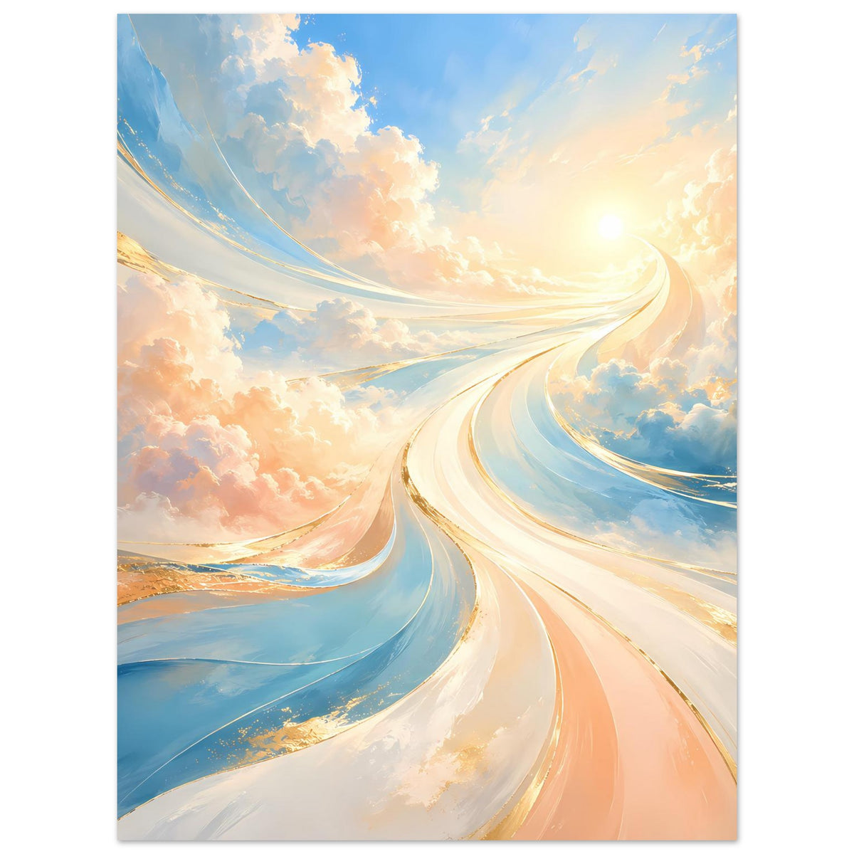 Fantasie-Poster, hochkant: helle Lichtbahn zur Sonne, Blau- und Apricot-Töne