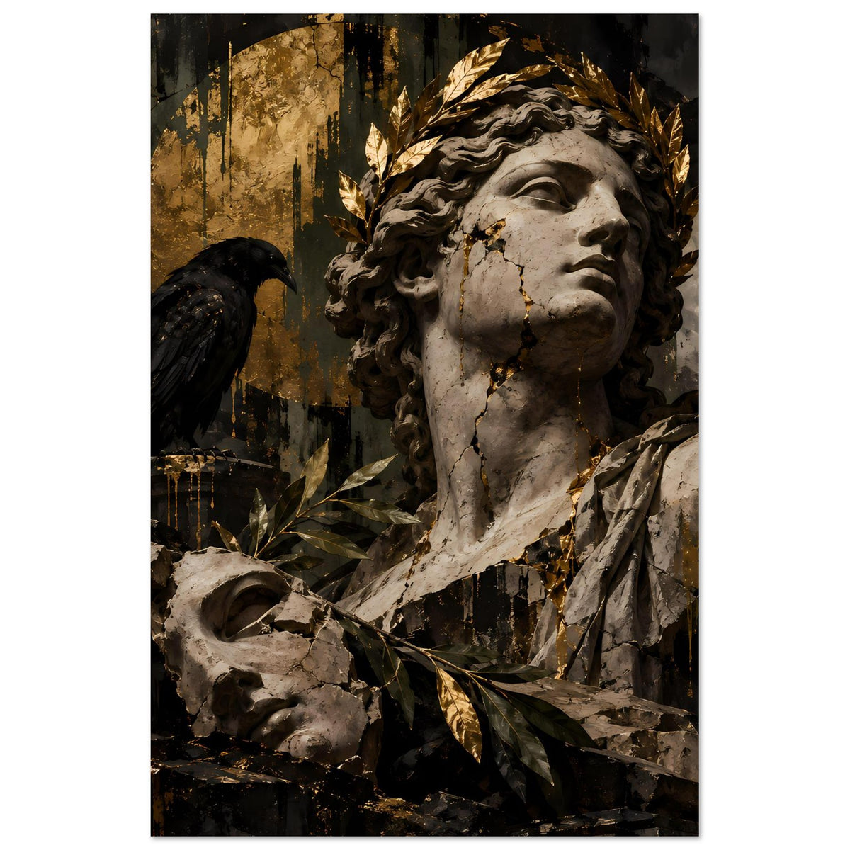 Barockes Poster im Hochformat: Statue im Halbprofil, schwarzer Rabe, goldfarbene Zweige