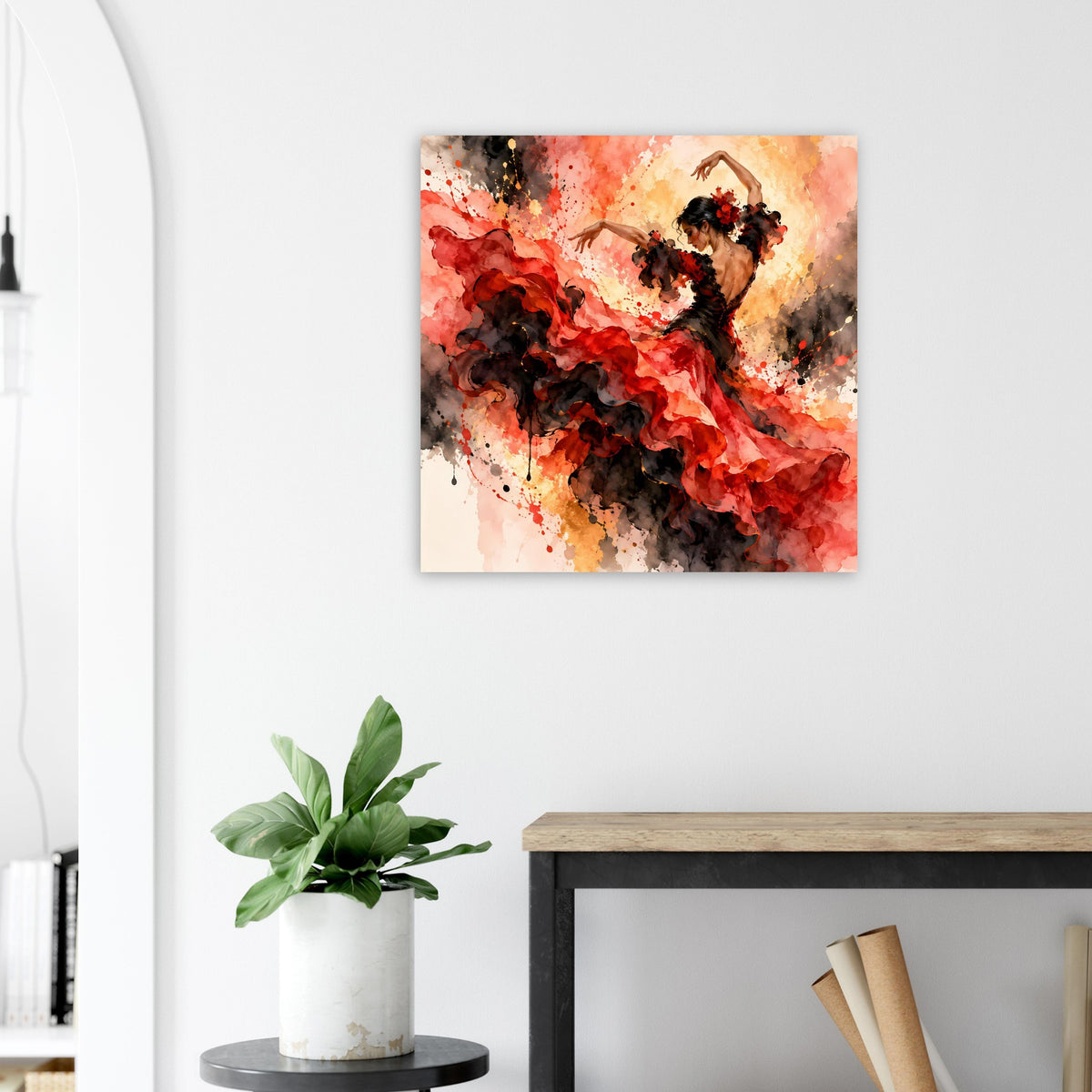 Quadratisches Poster mit Flamenco-Tänzerin in Rot und Schwarz, kräftige Kontraste