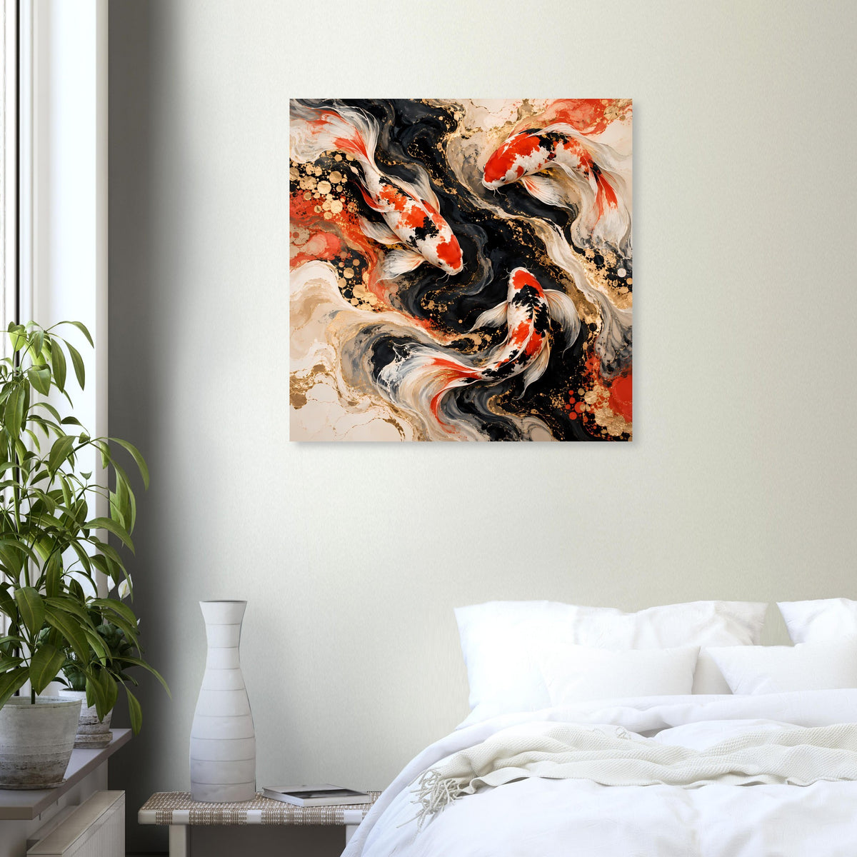 Quadratisches Kunstposter zeigt Koi-Fische in schwarz, beige und rot-weißen Mustern