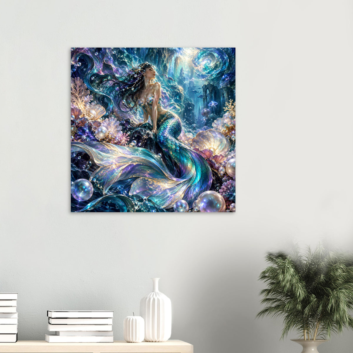 Quadratisches Fantasy-Poster mit Meerjungfrau und schimmernden Perlen im Korallenmeer