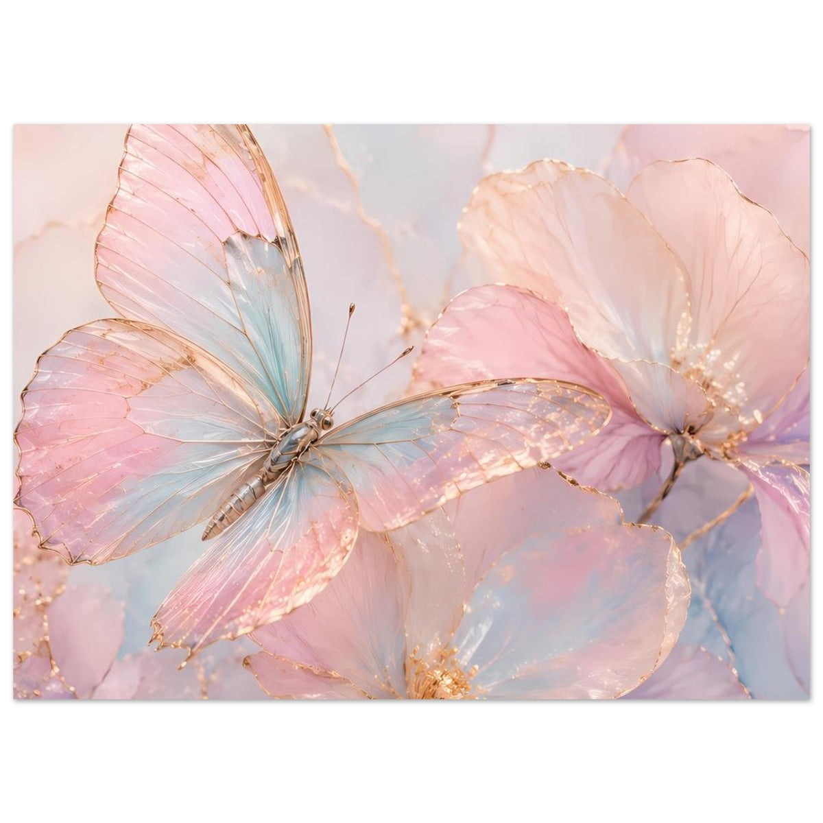 Aquarell-Poster mit Schmetterling und rosé-blauen Blüten, goldenen Akzenten