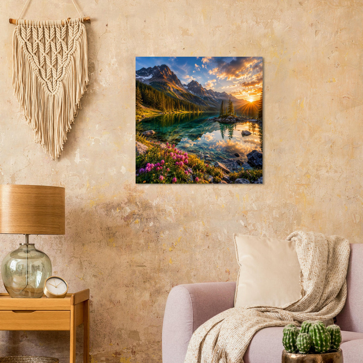 Quadratisches Poster mit Bergsee bei Sonnenuntergang und blühendem Ufer mit Blumen