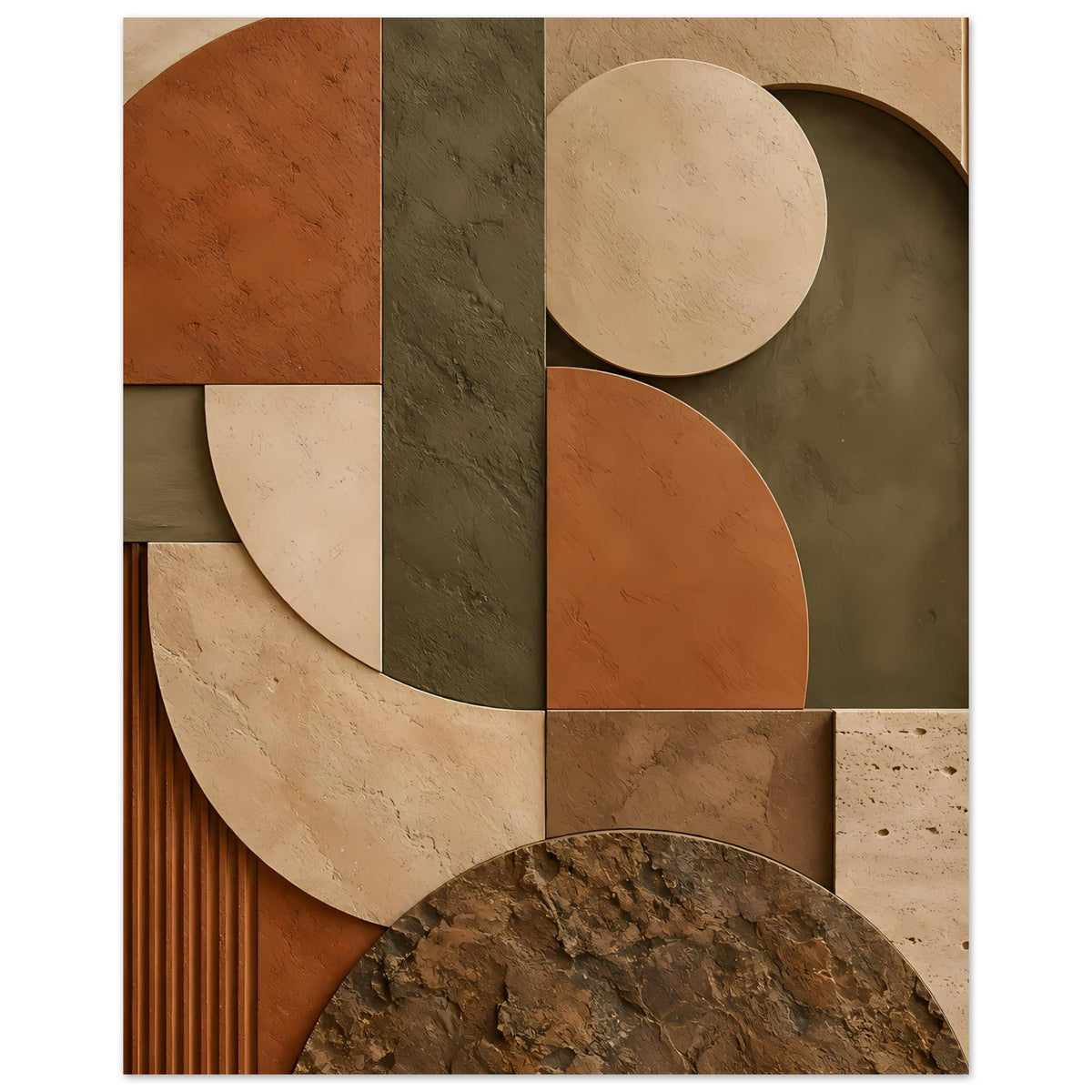 Querformatiges abstraktes Poster: geschichtete Formen, Kreise und Bögen in Braun-, Grün- und Beige