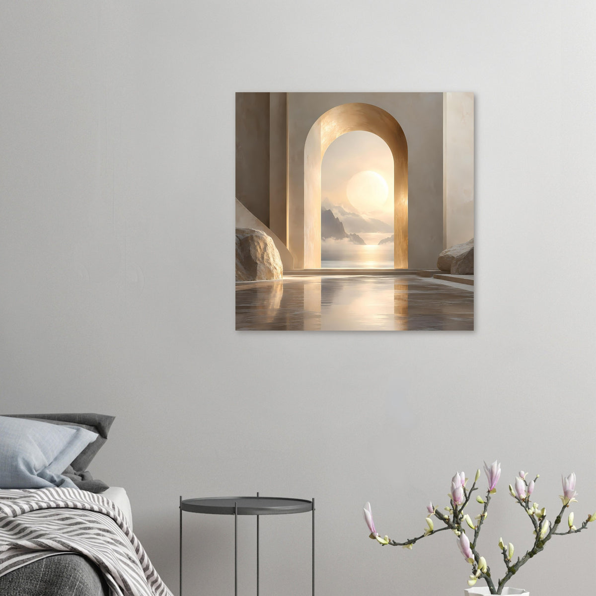 Kunstdruck, kleines Format: Torbogenöffnung mit Sonne über Meer und Bergen.