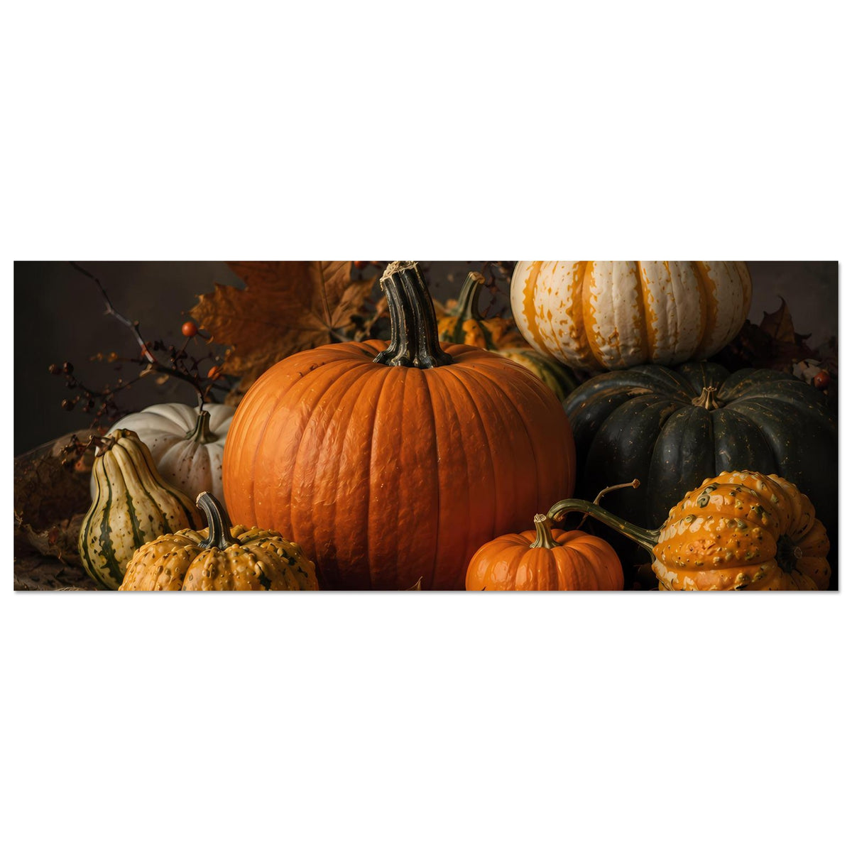 Herbstliche Kürbis-Komposition auf Poster im Querformat: große orangefarbene und dunkle Kürbisse