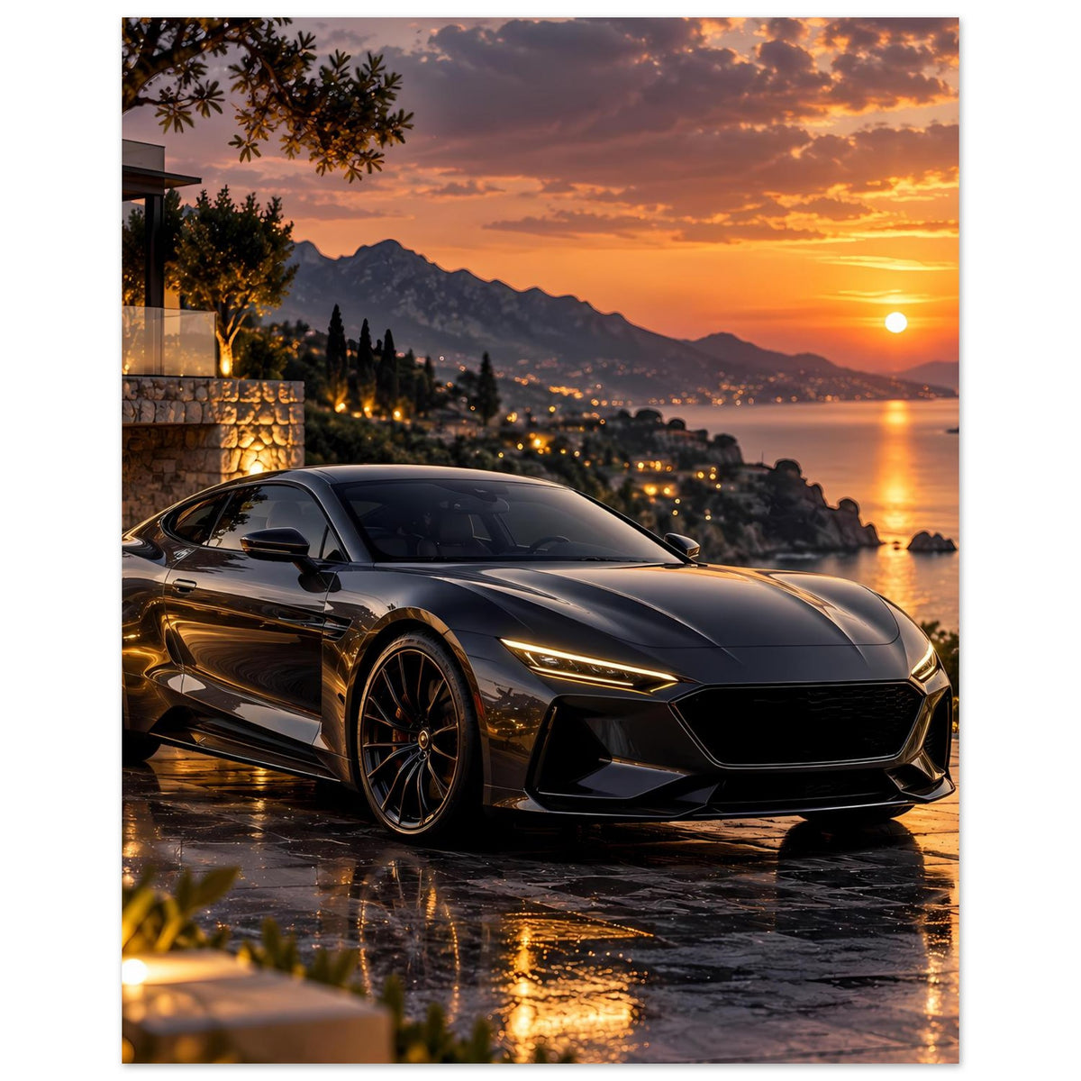 Poster mit Sportwagen bei Sonnenuntergang, drei Viertelansicht, schwarzer Wagen, goldene Highlights