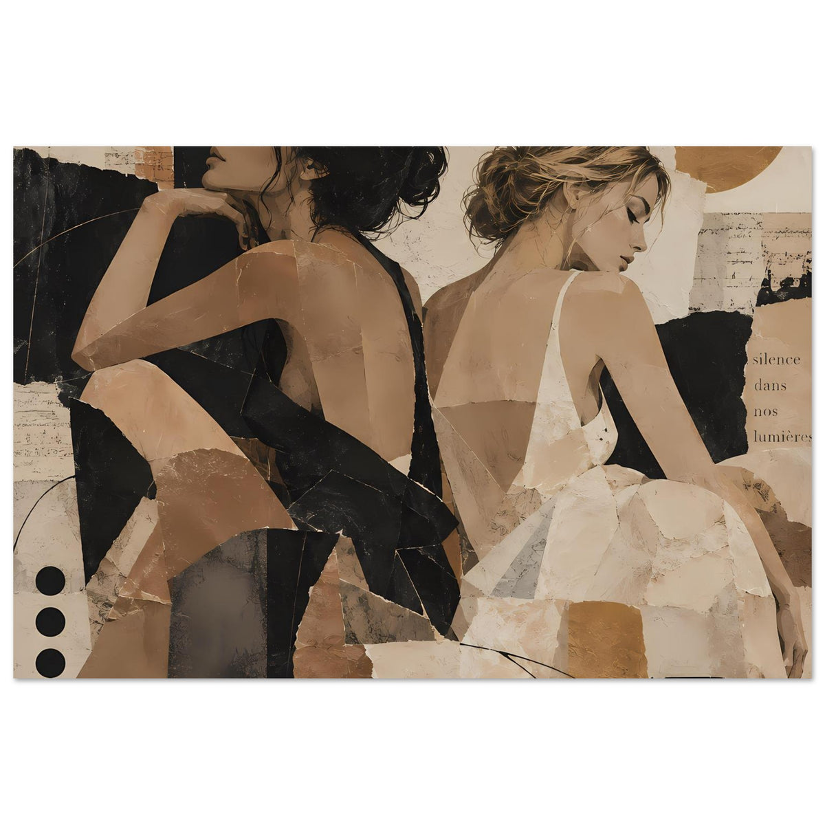 Collage-Poster im Querformat: zwei Frauenfiguren, beige/oliv/braun mit dunklen Kontrasten