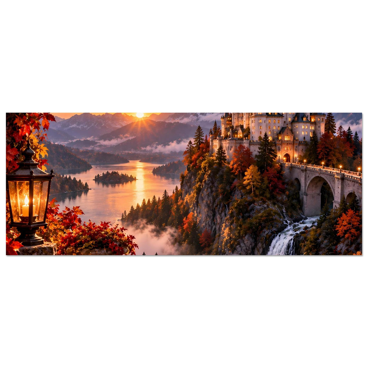 Querformat-Herbstposter mit beleuchtetem Schloss, Wasserfall und See bei Sonnenuntergang