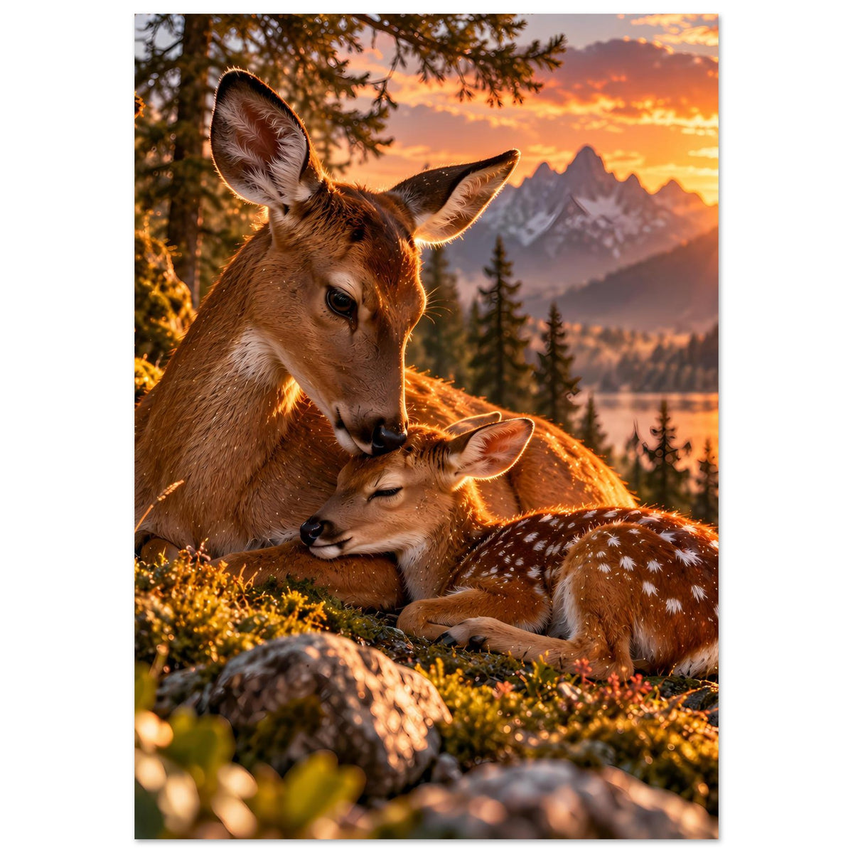 Vertikales Poster: Reh und Jungtier, dichtes Fell, Wald und Sonne