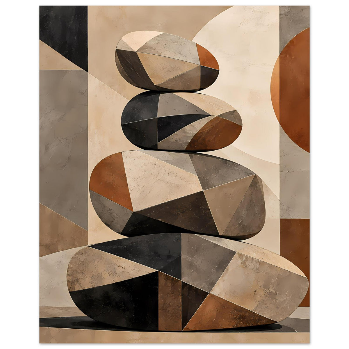 Posteransicht: geometrischer Steinstapel mit Schatten-Optik in Schwarz, Creme und Braun