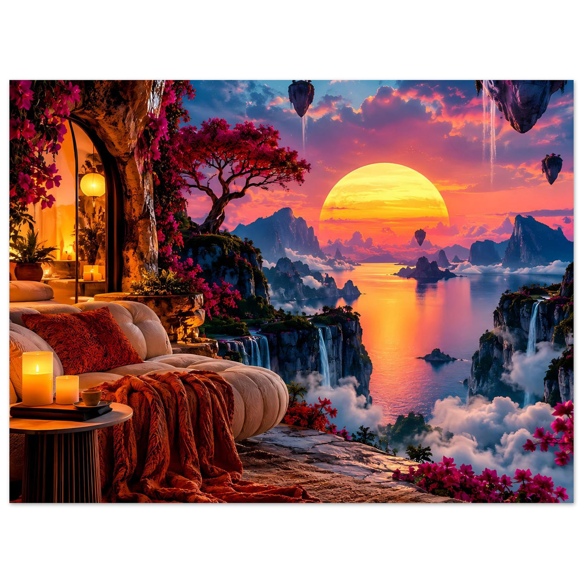 Landschaftsposter mit goldener Sonne am Himmel, Fluss, Wasserfällen und Ballon am Horizont