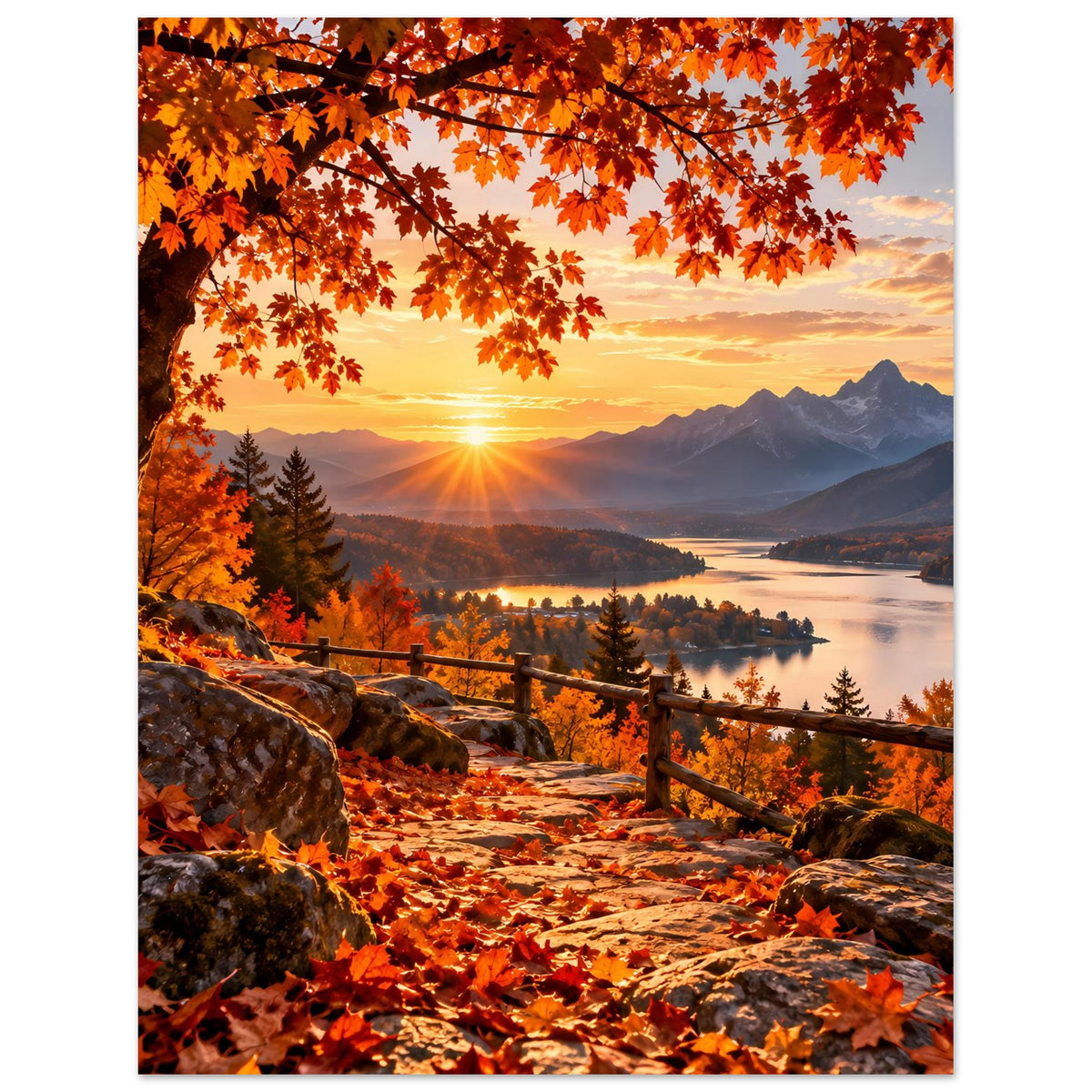 Herbstlandschafts-Poster mit klarer Sonnenbahn, orangefarbenem Laubdach, Berge und See im Abendlicht