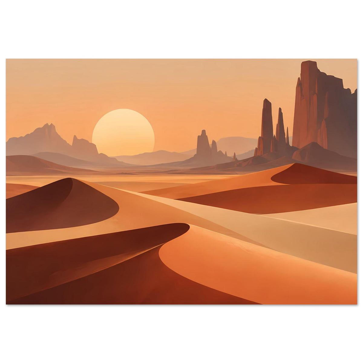 Horizontales Poster mit Wüste bei Sonnenuntergang: gelbe Sonne, Dünen und markante Felswände