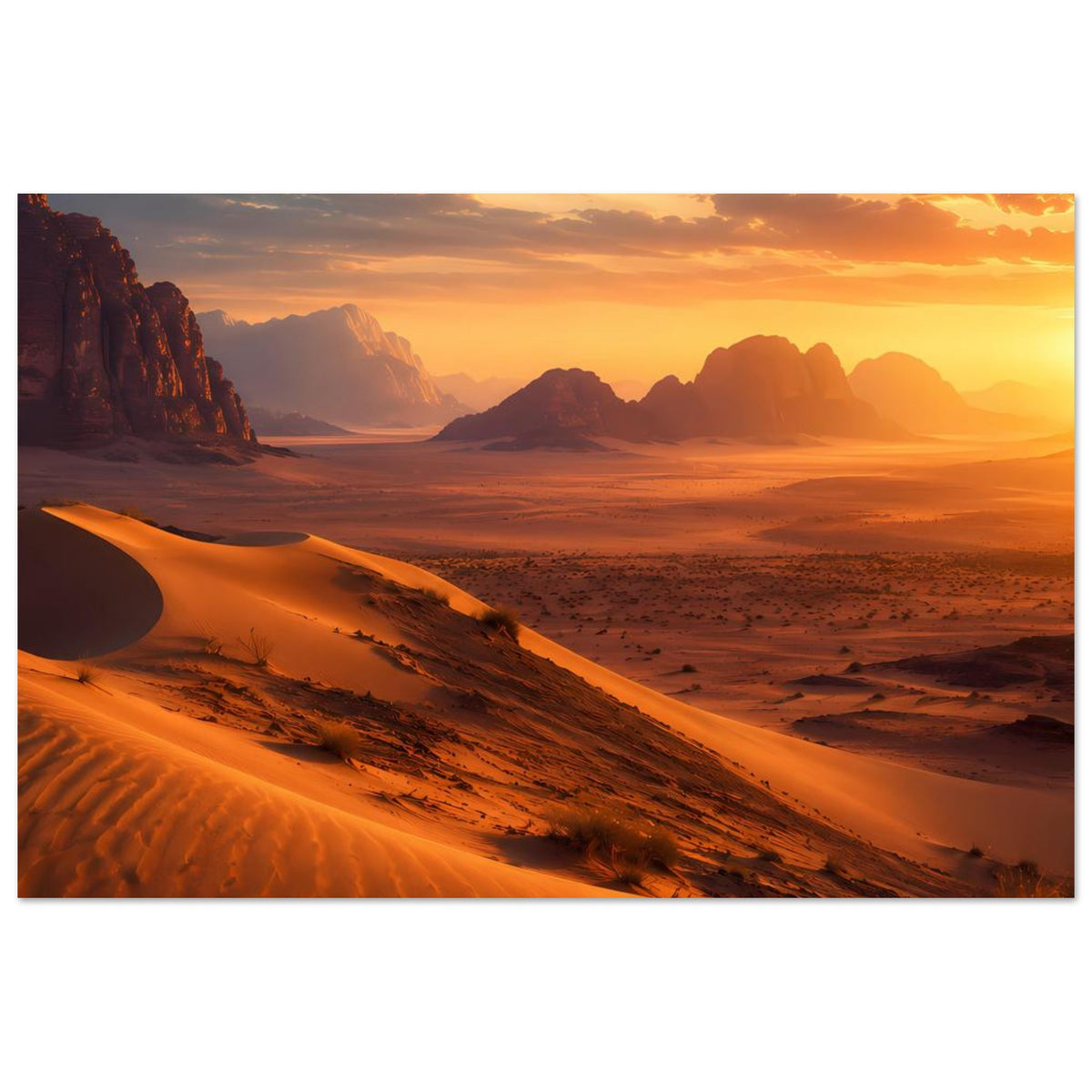 Querformat-Poster mit Wüstenlandschaft bei Sonnenuntergang, orange Dünen und Berge