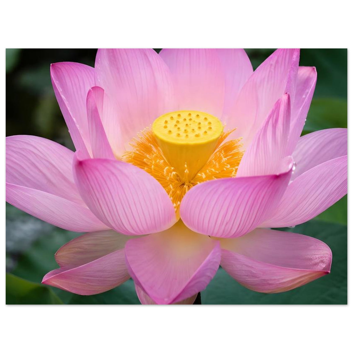 Lotusblüten-Poster mit großer pinker Lotusblüte und gelbem Blütenkern im Rahmen
