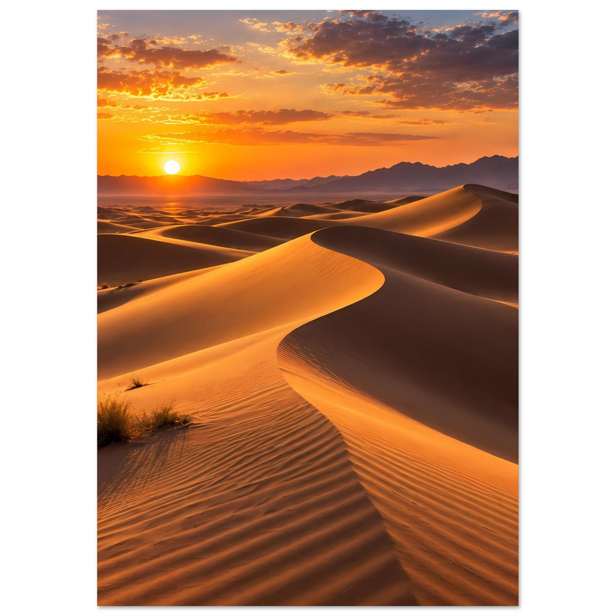 Wüsten-Sonnenuntergang-Poster im Hochformat: gebogene Dünen mit goldener Beleuchtung