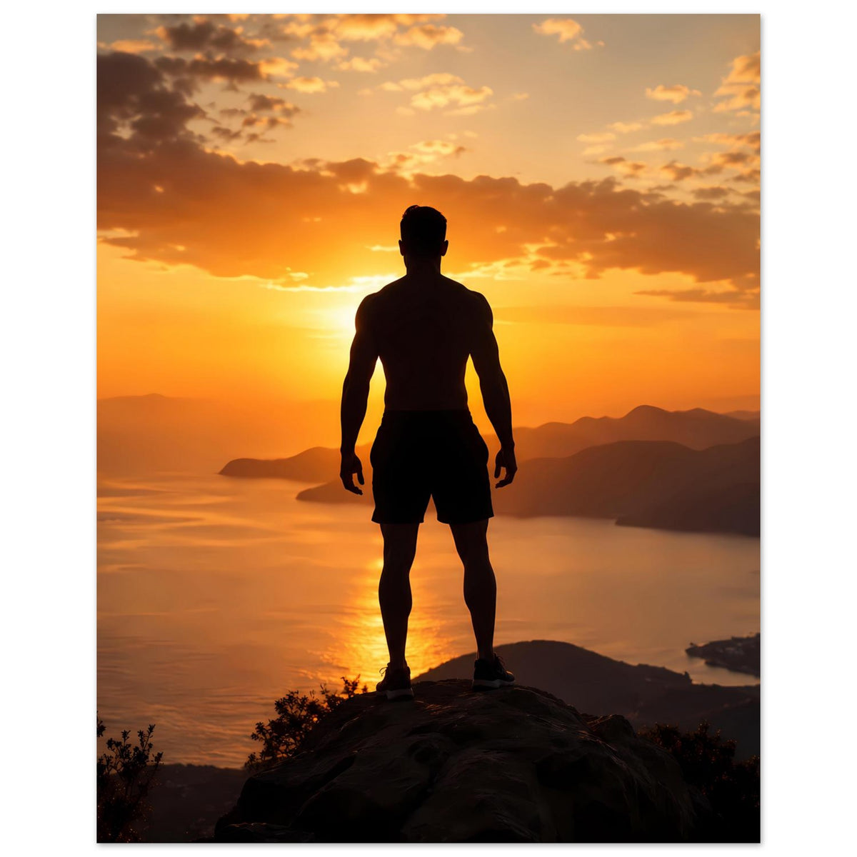 Vertikales Poster mit Silhouette eines Mannes, Berge und Wasser im Hintergrund