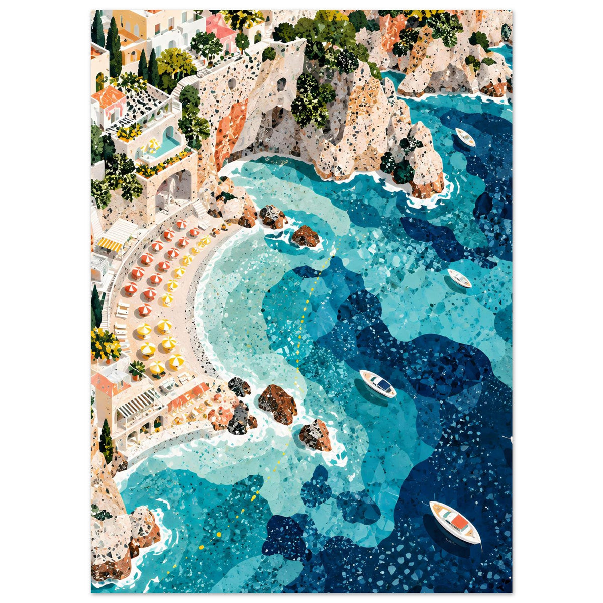 Mediterrane Küstenlandschaft mit Villen, sonnigen Felsklippen und türkisblauem Meer in Mosaikoptik – Posteransicht 5