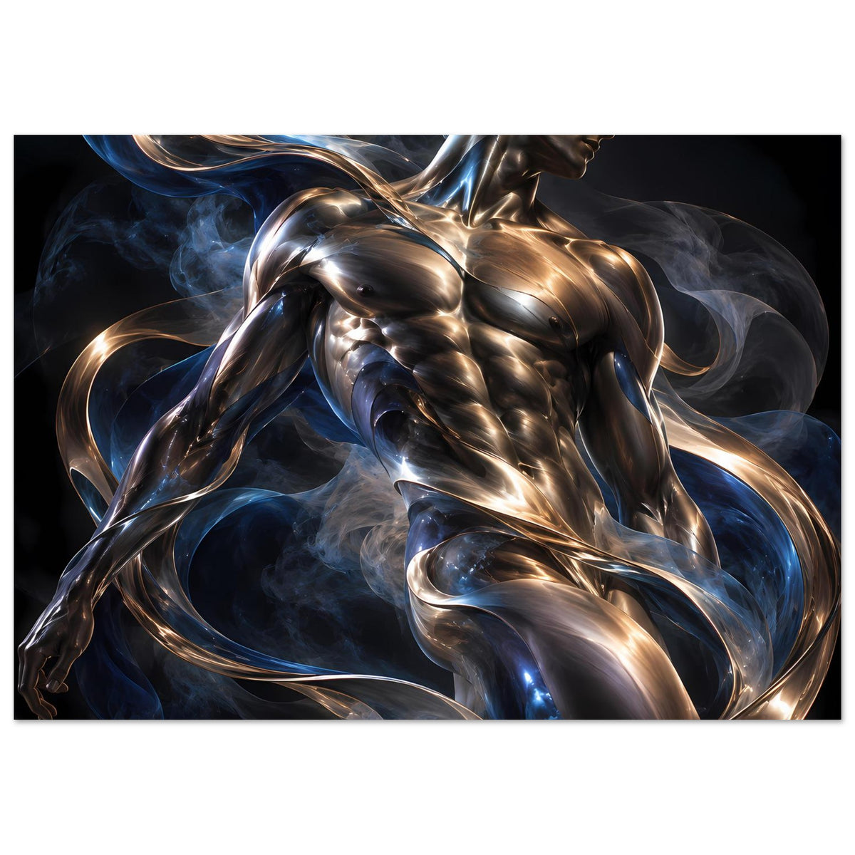 Kunstdruck horizontal: silbrig-goldene Figur umgeben von blauen Rauchfahnen