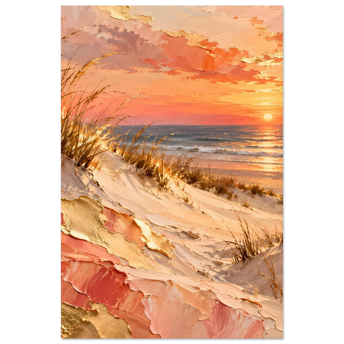 Meerposter im Hochformat: Stranddünen mit goldenen Akzenten und Pfirsichfarbener Himmel