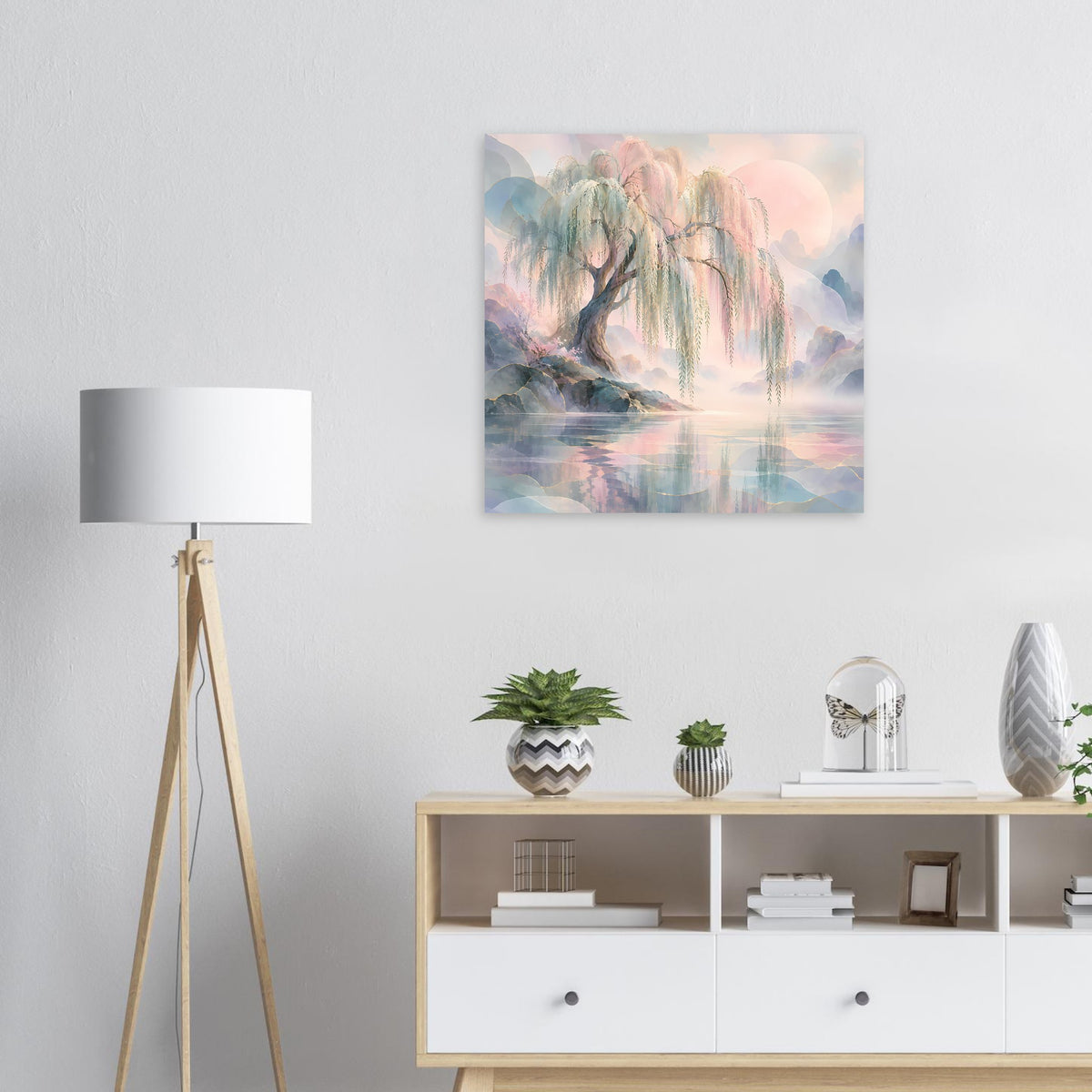 Naturposter mit Trauerweide in Pastellfarben, See mit Spiegelung, quadratisches Bild