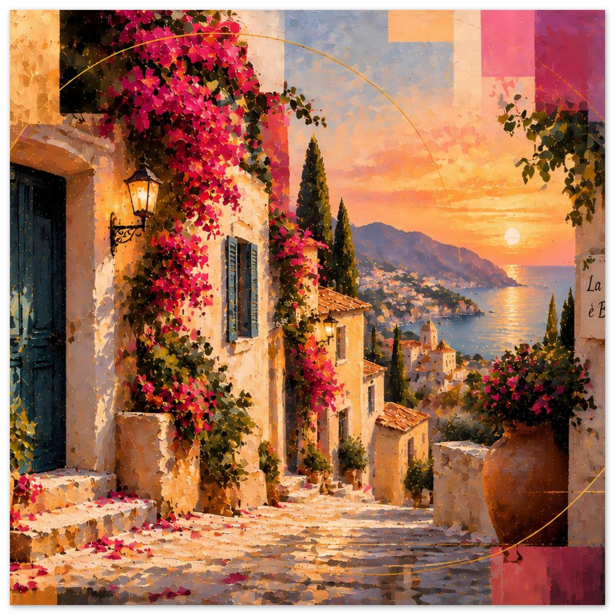 Gerahmtes Poster mit mediterranem Küstenblick, Blumenakzenten an Häusern und Sonnenuntergang