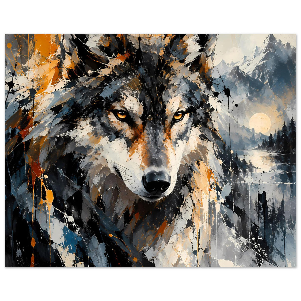 Wolf-Kunstposter, abstraktes Wolfsgesicht in Grau und Orange, Hintergrund mit Bergsilhouetten