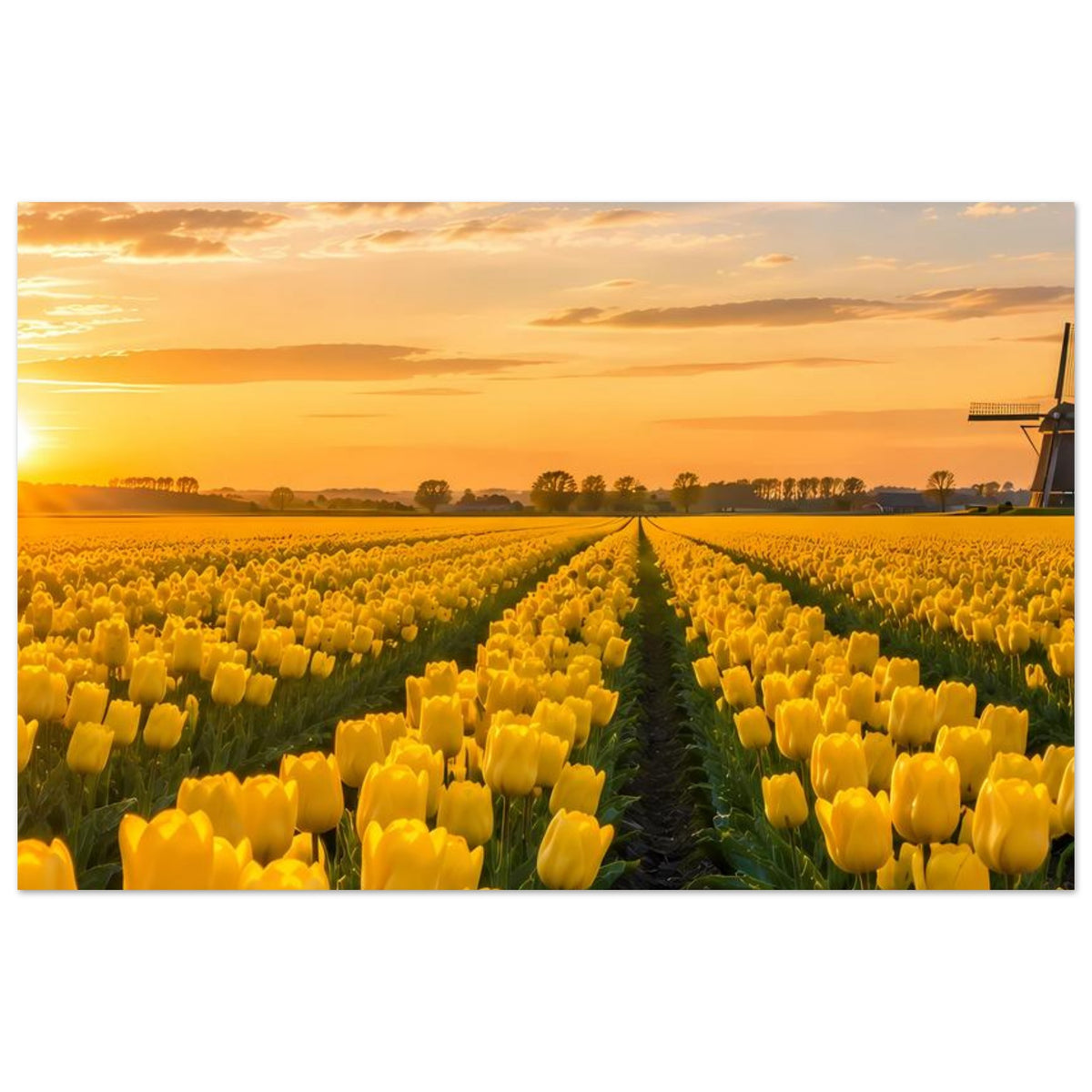Poster mit gelben Tulpen entlang eines mittigen Weges, Windmühle rechts sichtbar