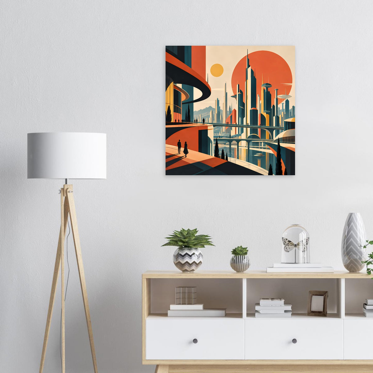 Wandposter mit stilisierter City-Szenerie, hohen Türmen, geometrischen Formen und orangefarbenem Mond