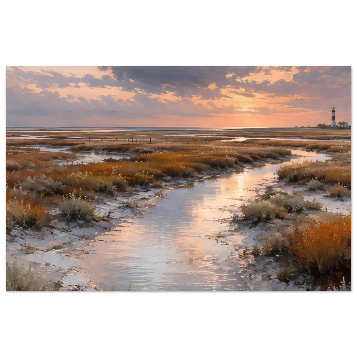 Horizontales Poster mit Sonnenuntergang über der Küste, Dünenvegetation und Wasserlauf zum Horizont
