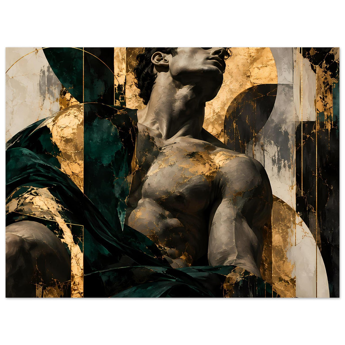 Kunstposter (quer) mit Barockskulptur, grüner Drapierung, goldenen und schwarzen Flächen