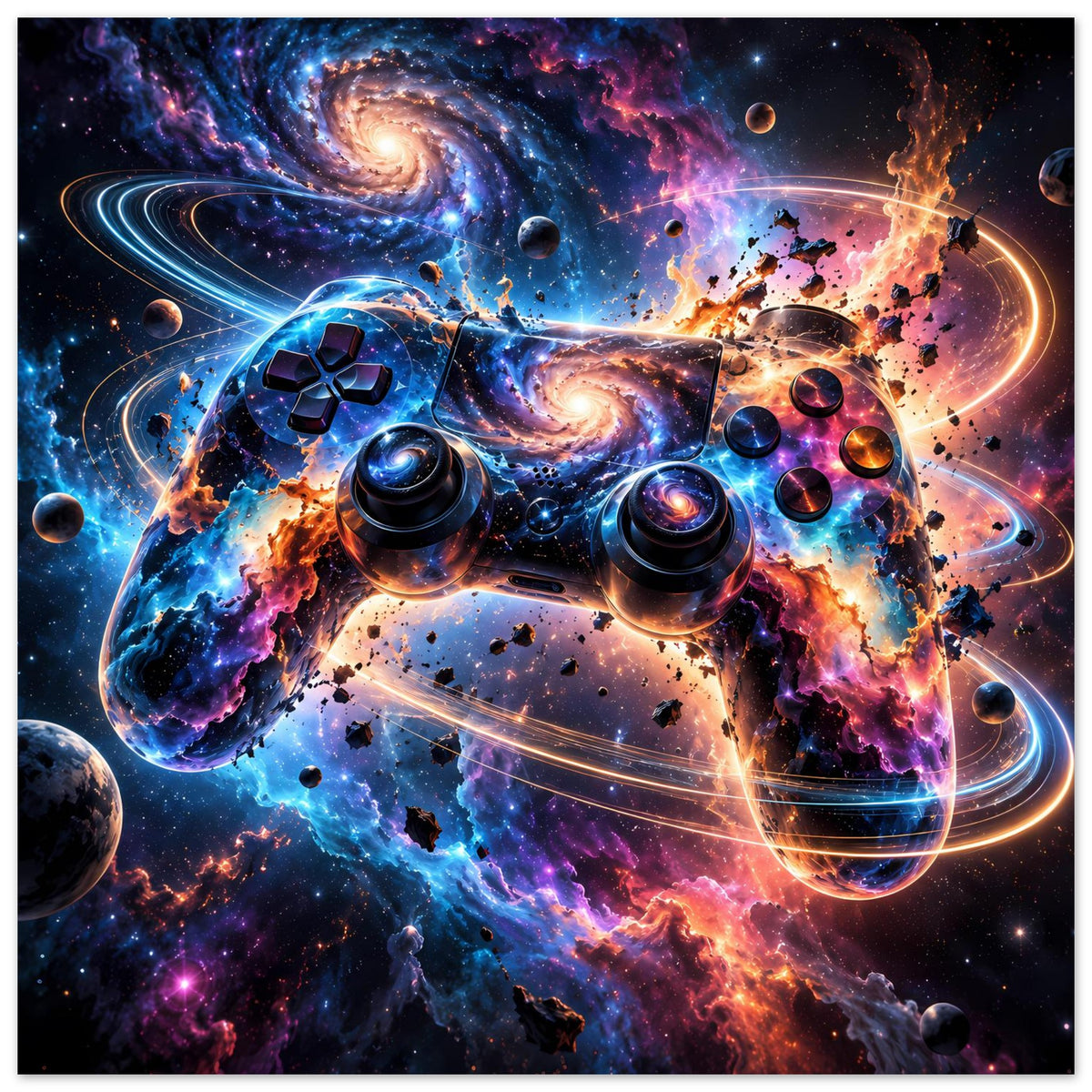 Galaxy-Poster mit Gamecontroller-Design, kosmische Wirbel, Planeten und Nebel