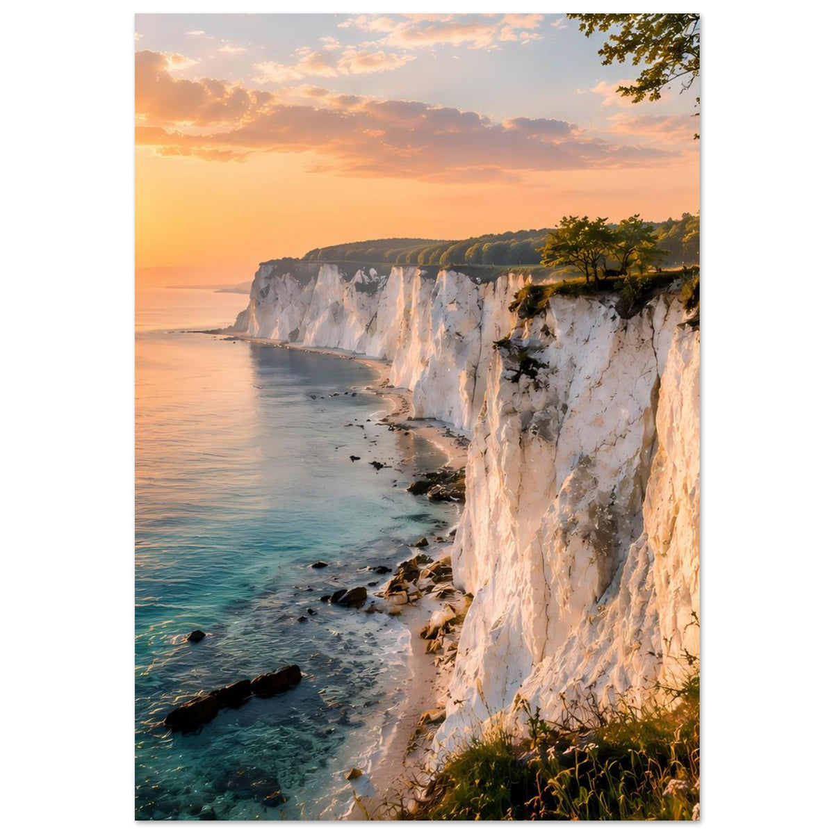 Poster im Hochformat: Steilküste mit weißem Fels, Strandlinie und Sonnenaufgangsfarben