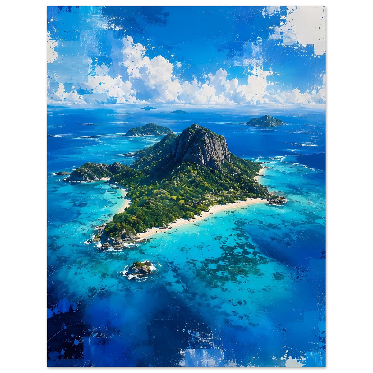 Poster hochformatig: tropische Insel mit Felsberg und türkisblauen Buchten.
