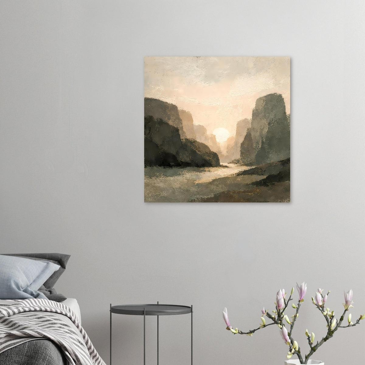 Kleines Poster mit Sonnenuntergang in der Schlucht, dunkle Felswände und heller Pfad